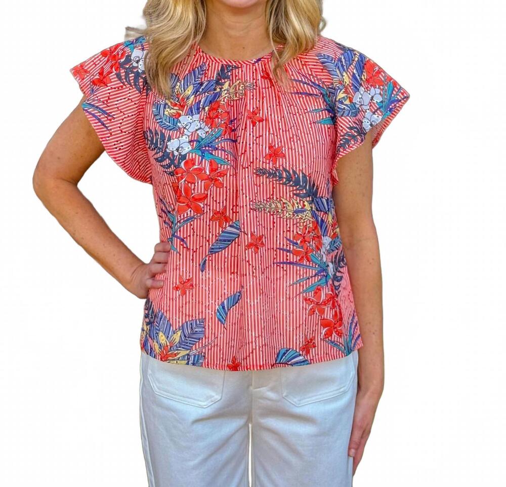 NEW VOY sunlit garden embroidered top in red stripe